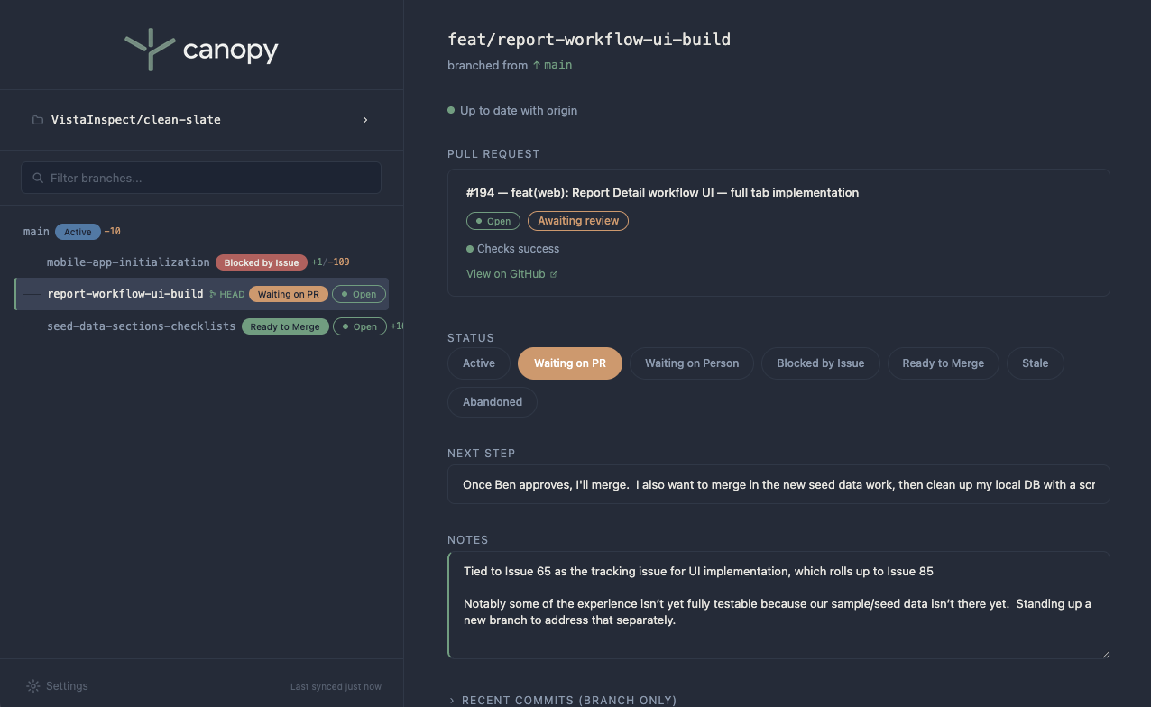 Canopy app showing branch tree, status labels, PR state, and notes in a single view